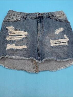 Vanilla Star Juniors Distressed Ripped Denim Mini Skirt Faded Blue Wash Size 7